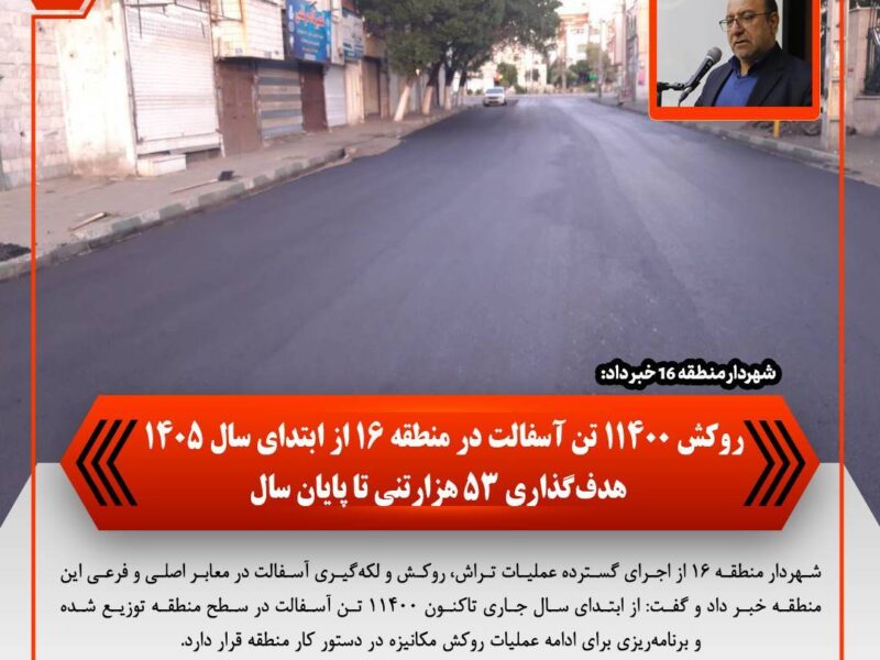 روکش ۱۱۴۰۰ تن آسفالت در منطقه ۱۶ از ابتدای سال ۱۴۰۵ / هدف‌گذاری ۵۳ هزار تنی تا پایان سال – جمهور نیوز